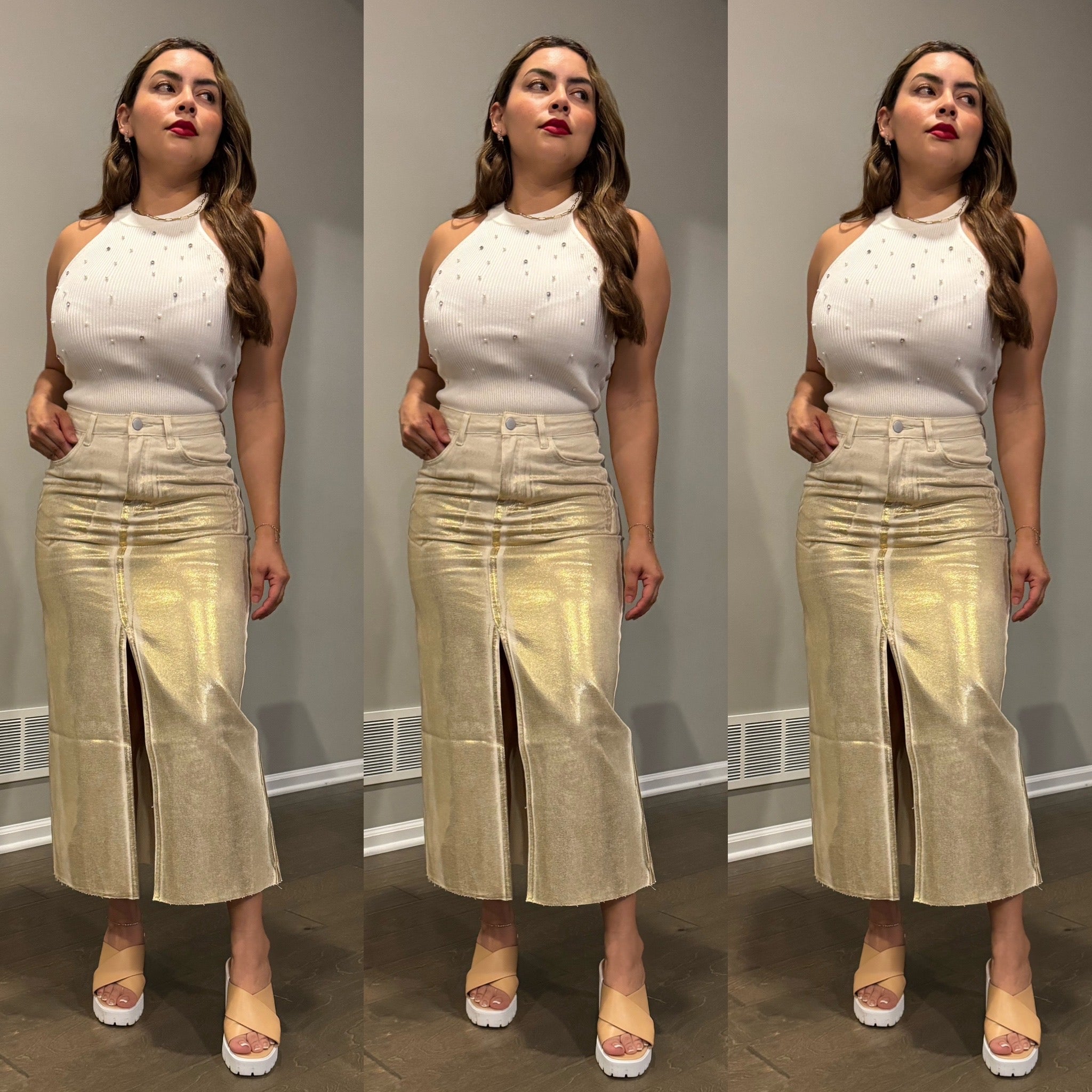 Léa Shimmer Denim Midi Skirt
