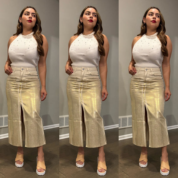 Léa Shimmer Denim Midi Skirt